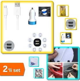 Resim Hereveoyuncak Çift USB Girişli 3.1 Çıkışlı Seyahat Seti + 8 Adet Kapı Kolu Çizilme Önleyici Şeffaf - 2li Set 