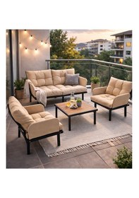 Resim Bahçe Takımı Balkon Ve Cafe Modüler Metal Koltuk Takımı 2+1+1 Sehpalı Bej 1637 Bej 