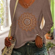 Resim Kadın V-Yaka Uzun Kollu Üst - Rahat Çiçek Desenli İncelikli Desenler, Yumuşak ve Rahat, Sonbahar/Kış için Mükemmel, Çok Yönlü Rahat Giyim, Rahat Uygun Tee, Orta Esneklikli Kumaş 