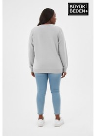 Resim Süperlife Kadın Büyük Beden Milano İtalia Baskılı Bisiklet Yaka İnce Sweatshirt Spr26bswk956-9 Gri Melanj 