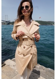 Resim Pastelastore %100 Pamuk Gabardin Midi 95cm Astarlı Kemerli Kadın Trençkot 1113 Açık Bej 