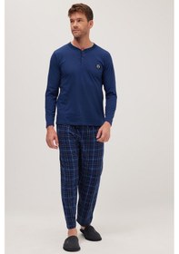 Resim Tudors Erkek Regular Fit Pamuklu Düğmeli Yaka Beli Lastikli Desenli İndigo Pijama Takımı-39789 