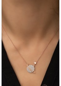 Resim Papatya Silver Nano Zirkon Taşlı Gezegen Kolye Rose Altın Kaplama 925 Ayar Gümüş Kadın Kolye - UVPS100216 