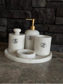 Resim Beyaz Mermer Mat Sarı Pompalı, Pamukluk Kendinden Tutmalı 5'li Set Beyaz 