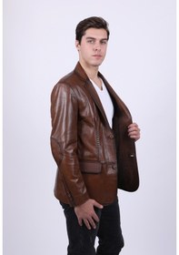 Resim New Zaya Leather Erkek Kahverengi Blazer Deri Ceket Kahverengi 
