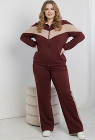 Resim Kadın Büyük Beden Uzun Kollu Garnili Fermuarlı Dik Yaka Eşofman Takımı 8216-26 (4336K) - 4XL / Kahverengi 