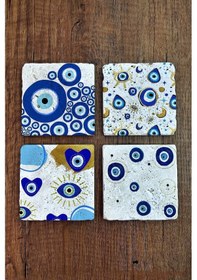 Resim Doğal Taş Bardak Altlığı Nazar Boncuğu Baskılı 4'lü Set - Evil Eye Stone Coasters Çok Renkli 