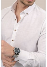 Resim Beyaz Kahve Düğmeli Keten Slimfit Kutulu Gömlek Beyaz 