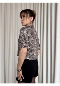 Resim Leopar Desenli Crop Gömlek Kahve 