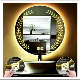 Resim Dnr-MirrorDnr-Mirror 80 cm Günışığı Ledli Tasarım Kumlamalı Dokunmatik Tuşlu Buğu Önleyicili Banyo Aynası Makyaj Aynası 