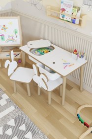 Resim POFİTTO Montessori Çocuk Masası-oyun Masası-aktivite Masası-etkinlik Masası Takımı 2 Tavşan Sandalye 