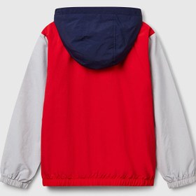 Resim Benetton Erkek Çocuk Kırmızı Mix Kolu Logo Detaylı Astarlı Kapüşonlu Yağmurluk - 8-9 Yaş 