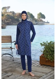 Resim Estiva 25944 Lacivert Fermuarlı Geometrik Desenli Tam Boy Tesettür Mayo Lacivert 