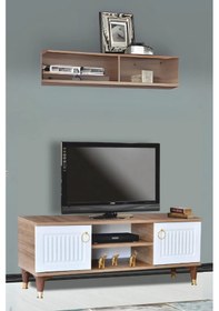 Resim Eva Tv Sehpası Atlantik Çam Beyaz Renkli 2 Kapaklı Açık Raflı 130x50x36 Cm 
