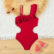 Resim Retro Red Cut-out Tasarımı Kızlar 1 Parça Mayo, Şık Fırfır Mayo Plaj Tatili Yüzme Kostümü 5-14Y Için 