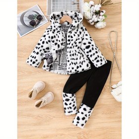 Resim "'Rahat Polar Astarlı Puantiyeli Ceket & Pantolon Takımı - Siyah & Beyaz, Uzun Kollu, Günlük Stil, Sonbahar/Kış için Mükemmel, Rahat ve Şık Kıyafet, Sıcak Tutacak Sonbahar Giyim | Eğlenceli Tasarım | Yumuşak Polar Astar, Dış Mekan için" 