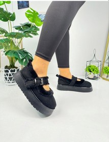 Resim Günlük Kadın Babet Süet Kalın Tırtıklı Taban Kemer Detaylı Oval Burunlu Ayarlanabilir Tokalı 500h Siyah 