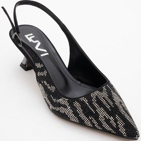 Resim Luvi Shoes Ushes Siyah Saten Taşlı Kadın Kısa Topuklu Abiye Ayakkabı Siyah 