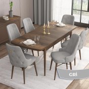 Resim Canisa Concept Are Serisi, Mdf 80X132 Açılabilir Barok Ahşap Desen Mutfak Masa Takımı, 6 Sandalye Gold Halkalı 