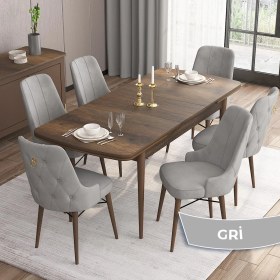 Resim Canisa Concept Are Serisi, Mdf 80X132 Açılabilir Barok Ahşap Desen Mutfak Masa Takımı, 6 Sandalye Gold Halkalı 