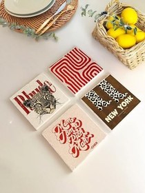Resim 4’lü Modern Desenli Doğal Taş Bardak Altlığı Seti, Ev ve Ofis Dekoratif İçecek Altlığı 