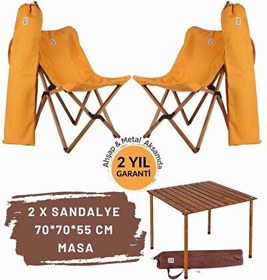 Resim Kahverengi İskelet Hardal Kılıf Sandalye ve 70x70x55 CM Kahverengi Ahşap Katlanır Masa Seti 
