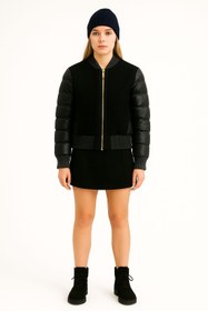 Resim Kadın Yün Detaylı Şişme Mont - Siyah / 2XL 