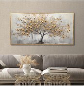 Resim Yağlı Boya Dokulu Tablo Sarı Yapraklı Soyut Ağaç Altın Çerçeveli U01003-178843 