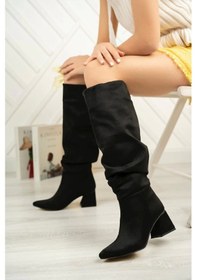 Resim Syt-2002 Siyah Süet Körüklü Kalın Topuklu Günlük Bayan Çizme Çok Renkli 