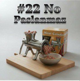 Resim 22'lik Full Paslanmaz Çelik Kıyma Makinesi Kollu Manuel Dayanıklı Ve Hijyenik Makina Metalik 