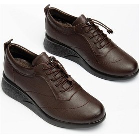 Resim Dilimler Ayakkabı Hakiki Deri Ortopedik Kadın Günlük Ayakkabısı Kahverengi Dolgu Topuklu Elastik Bağcıklı-3573 Kahve 