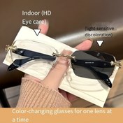 Resim Retro Tarzı Çerçevesiz Fotochromik Gözlük, Paslanmaz Çelik Kasa, HD Renk Değiştiren Camlar, Moda Aksesuarı, Reçetesiz Kullanım, Görüş Netliği | Şık Gözlükler | Paslanmaz Çelik Gözlük 