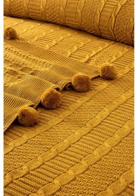 Resim Sevim Çift Kişilik Ponponlu Triko Örme Battaniye - Yumuşak Doku & Şık Tasarım - Mint Yeşili - 220x240 Cm Hardal Hardal 