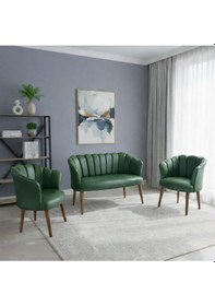 Resim Azra Mobilya Papatya Deri Berjer Takımı 2 Tekli + 1 İkili Koltuk Balkon Ofis Kafe İçin Demonte Ayaklı Yeşil Yeşil 