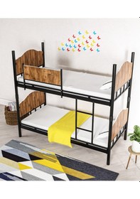 Resim Ejder metal Metal Ahşaplı Ranza Siyah-ceviz Renk (YATAKSIZ) 