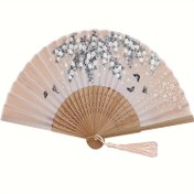 Resim İpek Bambu Taşlı Katlanabilir El Fanı - Geleneksel Çin Japon Tarzı Elegant El Fanı Parti Düğün Hediye Malzemeleri 