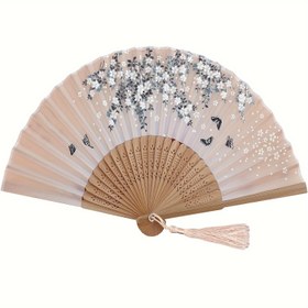 Resim İpek Bambu Taşlı Katlanabilir El Fanı - Geleneksel Çin Japon Tarzı Elegant El Fanı Parti Düğün Hediye Malzemeleri 