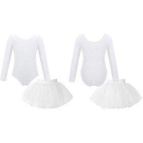 Resim Beyaz 2 Adet Giyim Kız Uzun Kollu Leotard Tutu Etek Bale Dans Jimnastik Kıyafeti Beyaz 