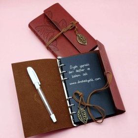 Resim Subutu Kahverengi Deri Siyah Yapraklı Defter Beyaz Jel Kalem Seti 