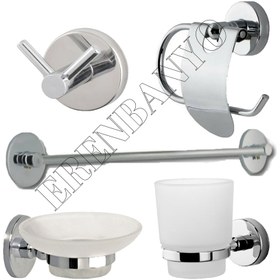 Resim Krom Banyo 5 Li Set Bornoz Askılık, Dar Kapaklı Wc Kağıtlık, Uzun Havluluk, Diş Fırçalık, Sabunluk 