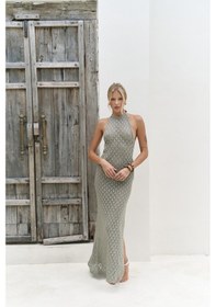 Resim Mai Collection Mai Studios Co. Yudha Sırt Dekolteli Haki Triko Uzun Elbise Haki 