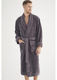 Resim Yaka Jakarlı %100 Cotton Erkek Bornozu Antrasit 