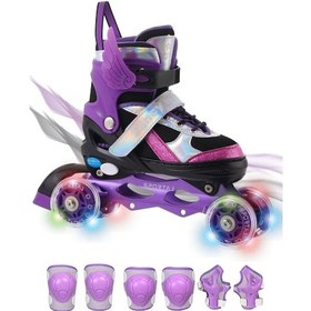 Resim Melek Kanatlı Işıklı Çocuk Pateni Ve Dizlik Seti Silikon Teker Ayarlanabilir Paten Çantalı Mor Mor 