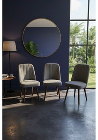 Resim Nora 3 Adet Sandalye - Keten Kumaşlı Sandalye Modern Ahşap Ayaklı Yemek & Çalışma Sandalyesi Minimal Tasarım Gri 
