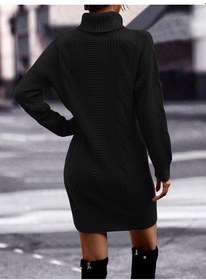 Resim Aqe Fashion Saç Örgü & Selanik Örgü Desenli, Links Detay, Boğazlı, Uzun Kollu, Sırt Detay Desenli Siyah Triko Elbise Tunik Siyah 