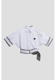 Resim Itsbasic Kadın Beyaz Renk Oversize Kemer Detaylı Önü Düğmeli Crop Top Kumaş Gömlek 