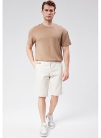 Resim Erkek Beli Yarım Lastikli Keten Pamuk Karışımlı Slim Fit Şort Bej Bej 