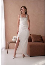 Resim Neşeli Butik Kadın Taş Detaylı Askılı Uzun Abiye Elbise Nbs9367 Beyaz 