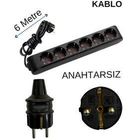 Resim Avarson 6'lı Altılı Priz Topraklı Kablolu Siyah 3x1,5 Ttr 6 Altı Metre 