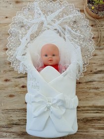 Resim Dantelli Özel Taçlı Bebek Kundağı Unisex Bebek Dış Kundak Battaniyesi Hastane Çıkışı Hediyelik Knd45237 Ekru 